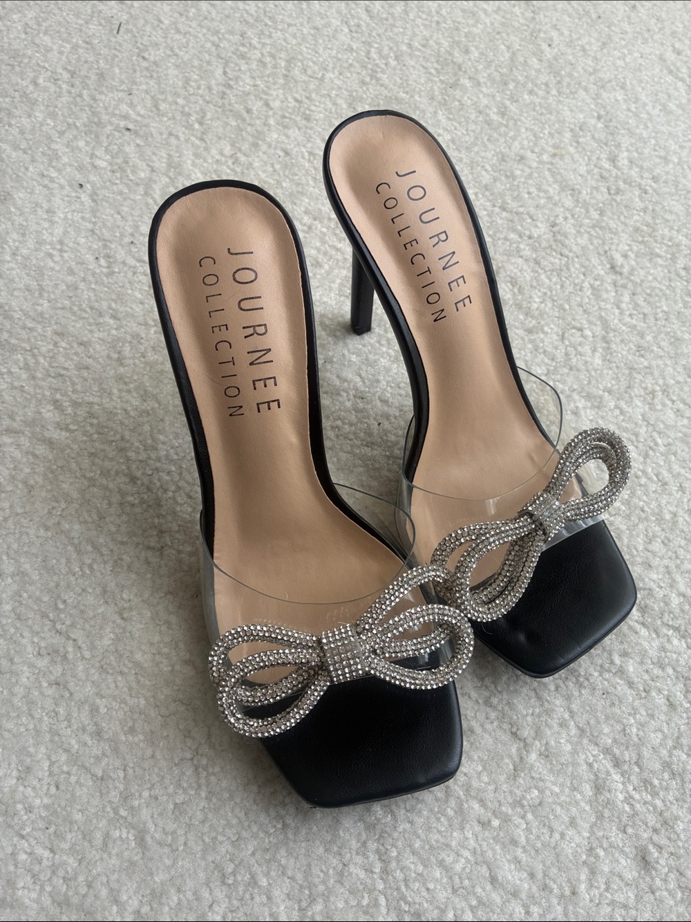 Journee Collection Black Slide Heels with Crystal Bow Accent